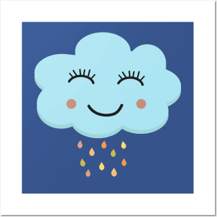 Happy blushing blue cloud with rainbow raindrops kawaii Posters and Art